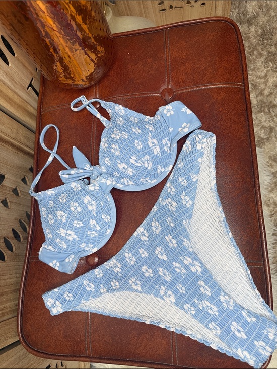 Source Unknown Other - Source Unknown Light Blue and White Floral Smocked Bikini Set